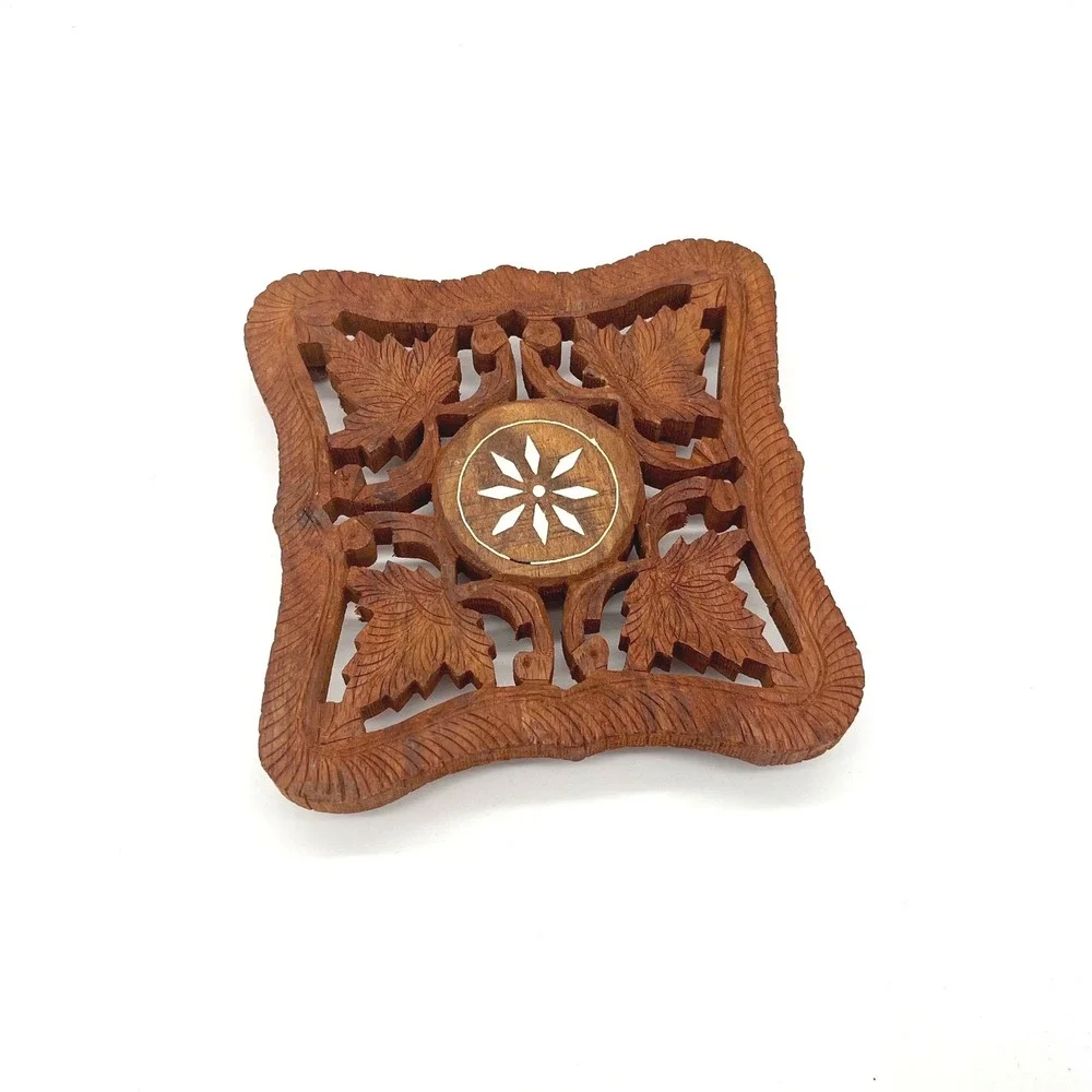 Vintage Hand Carved Wood Trivet India Leaf Design Inlay Footed Hot Pad‎ 6in